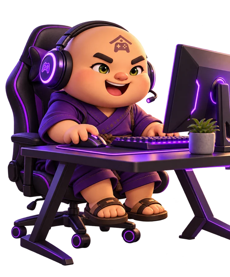 The Gamer Temple monk gaming at his desk