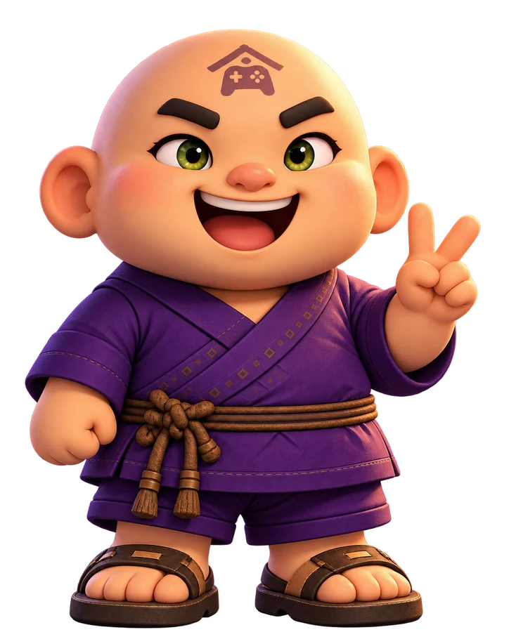 The Gamer Temple monk throwing a peace sign