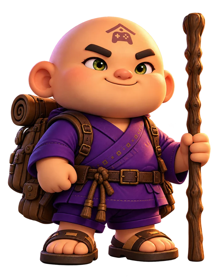 The Gamer Temple monk with his backpack and walking staff